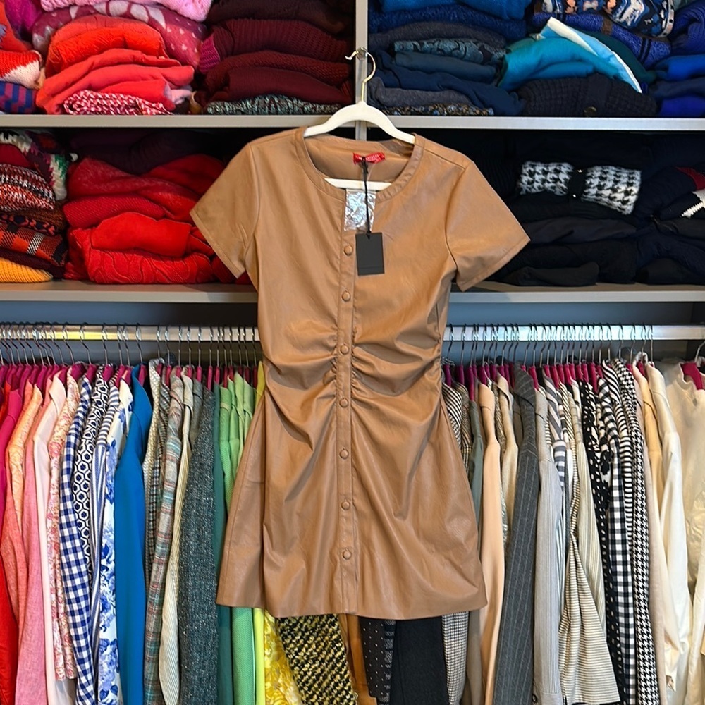 Philanthropy brown faux leather short sleeve button down dress size S NWT
